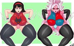 android_21 arm_warmers bare_shoulders black_hair black_sclera blue_eyes body_control bracelet dragon_ball dragon_ball_fighterz earrings erect_nipples_under_clothes exocomics female_only femsub haigure hair_band happy_trance huge_breasts large_breasts leotard light_skin multiple_girls multiple_subs open_mouth pink_hair pink_skin red_eyes signature simple_background spread_legs squatting thighhighs very_long_hair videl