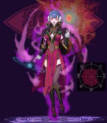 altered_common_sense alternate_costume arm_warmers aura blue_hair boots cleavage corruption dress earrings eye_beams female_only femsub fire_emblem fire_emblem_echoes floating gameplay_mechanics gloves glowing_eyes hair_ornament happy_trance hypnotic_accessory isobe_roll lipstick long_hair magic magic_circle navel nintendo open_mouth red_eyes rinea_(fire_emblem) see-through shoulder_pads smile solo thighhighs thighs witch