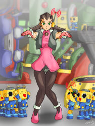  antenna binary_eyes breasts brown_hair capcom earpiece empty_eyes expressionless femsub hypnotic_accessory knees_together large_breasts megaman_(series) megaman_legends_(series) pantyhose remote_control robot servbot short_hair symbol_in_eyes tech_control text trishbot tron_bonne zombie_walk 