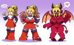before_and_after blonde_hair breast_expansion breasts capcom cleavage corruption demon_girl discolored_nipples dress elf_ears fangs femsub happy_trance horns huge_breasts long_hair megaman_(series) monster_girl non-human_feet ponytail prinnydood red_skin roll sequence solo studded_collar tongue tongue_out torn_clothes transformation wings