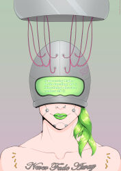  absurdres consensual cyberpunk_(series) cyberpunk_2077 femsub green_hair green_lipstick happy_trance helmet hypnotic_accessory kobold-komitee tattoo tech_control text v_(cyberpunk_2077) 