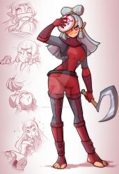  banana blush bondage breath_of_the_wild clothed corruption disguised_hypnotist drool enemy_conversion eye_color_change femsub food gag mask nintendo paya red_eyes restrained rope spiralwash_eyes standing sweat symbol the_legend_of_zelda watermark weapon yiga_clan 