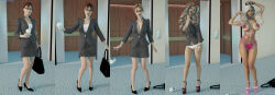 3d absurdres ass_expansion before_and_after bikini bimbofication blonde_hair breast_expansion breasts business_suit cleavage corruption femsub glasses high_heels komblkaurn latex lipstick makeup seductive_smile sequence transformation
