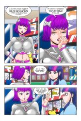  bow comic equestria_girls freckles kimberly_smith_(daveyboysmith9) large_breasts long_hair midriff multicolored_hair my_little_pony open_mouth original purple_eyes purple_hair short_hair story text twilight_sparkle wadevezecha 