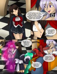  ahoge akuoreo alternate_hairstyle animal_ears aura bare_shoulders breasts brown_hair capcom chains chair character_request choker closed_eyes clothed comic darkstalkers demitri_maximoff demon demon_girl dialogue english_text eye_color_change femdom feminization femsub from_behind glowing goddess green_hair grey_hair happy_trance harem huge_breasts hypnotic_magic hypnotized_dom hypnotized_hypnotist jon_talbain laughing leggings lying magic maid multiple_girls multiple_subs open_mouth purple_eyes queen red_eyes red_hair short_hair shrunken_irises sitting skirt slit_pupils smile smug speech_bubble succubus tail text thighhighs thighs transformation transgender vampire very_long_hair werewolf werewolf_girl 