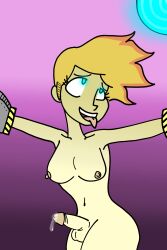 absurdres blonde_hair blue_eyes bottomless breasts cum erection futanari genderswap happy_trance hypnotic_light johnny_test johnny_test_(series) nude open_mouth penis short_hair smile synthetic_attraction tongue tongue_out topless transformation transgender western