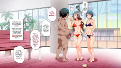 absurdres age_difference ahoge altered_common_sense ass bare_shoulders barefoot bikini black_hair brown_eyes brown_hair censored choker cleavage collarbone comic dialogue drool erect_nipples erection femsub hard_translated indifference_pool indifferent large_breasts long_hair musk navel nyuu_(manekin-eko) purple_eyes short_hair standing standing_at_attention sweat text translated ugly_bastard unaware 