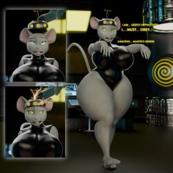  3d animal_ears barefoot before_and_after drool electricity furry hourglass_figure huge_breasts latex leotard lipstick mantra mesmer_mouse_(hypnopotamus) nail_polish open_mouth original sequence solo spiral_eyes spiralwash_eyes tail tech_control thehypnopotamus thick_thighs yellow_eyes zombie_walk 