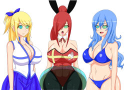 absurdres bikini blonde_hair blue_hair breasts bunny_ears bunnysuit cleavage erza_scarlet fairy_tail fake_animal_ears female_only femsub happy_trance hypnotic_eyes hypnotic_tentacle juvia_loxar kaa_eyes large_breasts long_hair lucy_heartfilia multiple_girls neo-izayoi open_mouth pantyhose red_hair smile tentacles tongue tongue_out