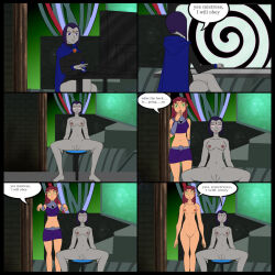 alien_girl comic dc_comics demon_girl dialogue english_text female_only femsub green_eyes grey_skin hypnotic_screen katsiika leotard looking_at_viewer multiple_girls multiple_subs nude orange_skin purple_hair raven red_hair skirt speech_bubble spiral_eyes starfire super_hero teen_titans text