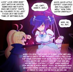  ahoge arms_behind_back blonde_hair blue_hair blush bondage bow breast_implants cape clothed comic crossdressing dialogue dress english_text feet femdom feminization glowing glowing_eyes good_sub_conditioning hair_covering_one_eye hanging_down large_breasts lazzysin legs long_hair malesub open_mouth original pendulum pink_eyes ponytail resisting restrained rope short_hair side_ponytail smile speech_bubble spiral standing symbol symbol_in_eyes text thighhighs trembling twintails unusual_pupils 