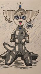 antenna barcode blue_eyes chastity dog_pose ear_tag furry hypnotic_screen latex null_bulge ratchet_and_clank rivet tongue tongue_out tophatgoblin traditional visor