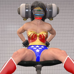  3d arms_behind_back bare_shoulders black_hair boots breasts cameltoe chair cleavage collarbone corruption cuffs daz_studio dc_comics drool female_only femsub gag headband knee-high_boots kneehighs leotard lipstick long_hair sleeper77 solo spread_legs super_hero tech_control visor western wonder_woman 