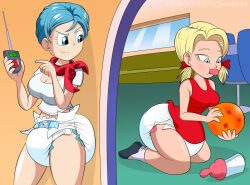 age_regression android_18 blonde_hair blue_hair bottle breasts bulma_briefs diaper dragon_ball dragon_ball_super dress femsub pacifier red_dress remote_control shoes socks t-shirt tech_control toonbabifier twintails