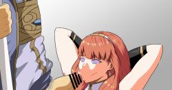  age_difference armpit_hair armpits arms_above_head bangs blowjob_face bracelet celica_(fire_emblem) censored clothed clothed_sex earrings fellatio femsub fire_emblem fire_emblem_echoes fire_emblem_gaiden hair_band hand_on_head kneeling long_hair maledom manip nintendo nomah_(fire_emblem) oral orange_hair penis pink_eyes pubic_hair sex simple_background spiral_eyes standing tonsuke 