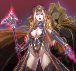 alternate_costume angry aura bandai_namco blonde_hair blue_eyes breasts cleavage corruption dhaos femsub gloves glowing hat leebigtree long_hair looking_at_viewer maledom mint_adenade no_eyes open_mouth opera_gloves tales_of_(series) tales_of_phantasia thighhighs thighs unhappy_trance weapon