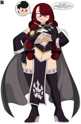 a_(adzrcool45) absurdres black_hair blush breast_fondling breasts cape corruption dez_a_sketch dezzy dialogue english_text evil_smile eye_color_change fairy_tail femsub gloves glowing glowing_eyes hand_on_hip high_heels holding_breasts huge_breasts irene_belserion maledom midriff navel original possession red_eyes red_hair short_hair simple_background smile speech_bubble standing text thighhighs thighs twintails very_long_hair white_background