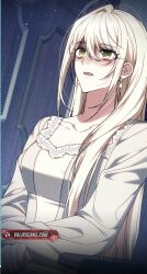  artist_request blonde_hair character_request collar empty_eyes green_eyes long_hair milf screenshot text the_super-strong_young_lady_wants_to_be_delicate watermark 