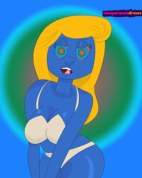 absurdres blonde_hair blue_skin bra breasts cleavage female_only femsub large_breasts long_hair open_mouth panties ring_eyes smurfette solo symbol_in_eyes temperancedraws the_smurfs tongue tongue_out underwear western
