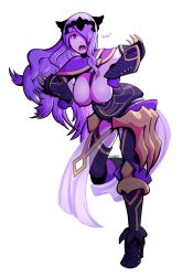 breasts camilla_(fire_emblem_fates) chicken_pose empty_eyes female_only femsub fire_emblem fire_emblem_fates large_breasts long_hair nintendo open_clothes open_mouth pet_play porto881 purple_hair solo text topless