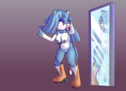  bimbofication blue_hair boots cat_girl clitoris_piercing clothed_exposure eyeshadow female_only femsub fourssss furry large_breasts large_hips lipstick long_hair mirror nipple_piercing nude original piercing purple_eyes solo sonic_the_hedgehog_(series) 