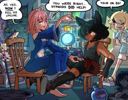  ahoge aurora_(skecchyartist) bare_shoulders barefoot blush clothed delulu_(keeper_of_pots) dialogue drool erection_under_clothes femdom fortune_teller handjob keeper_of_pots malesub original pendulum skull text v woot_(woot) 