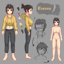 barefoot black_hair breasts dazed empty_eyes everes_(zires) expressionless feet female_only femsub hoodie hypnotic_accessory leggings original red_eyes reference_sheet short_hair tech_control text tomboy z-tech_(zko) zires