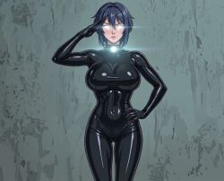    ai_art blue_hair bodysuit breasts collar control_collar drone expressionless female_only glowing glowing_eyes hand_on_hip large_breasts latex laurie_lowell looking_at_viewer pantheon_(series) saluting short_hair solo standing standing_at_attention tech_control thigh_gap tight_clothing zupern0va_(manipper) 
