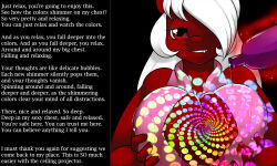 animal_ears breasts caption cleavage femdom greasyi_(manipper) hair_covering_one_eye holding_breasts horse_girl huge_breasts hypnotic_breasts kloudmutt long_hair looking_at_viewer manip my_little_pony naughty_face original pov pov_sub red_eyes smile spiral text white_hair