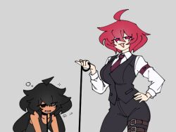  ahoge black_hair blush bunny_boy bunny_ears collar collarbone drool empty_eyes femdom grey_background happy_trance heterochromia kneeling leash malesub open_mouth original phoebe_(nowhere) red_eyes red_hair short_hair simple_background smug suit tan_skin tie woot woot_(woot) 