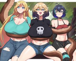 ahoge alice_(er-ikaa) black_hair blonde_hair blush cassie_(keeperika) choker cleavage disney erika_(er-ikaa) femsub happy_trance huge_breasts kaa kaa_eyes konaloid long_hair midriff multicolored_hair multiple_girls multiple_subs navel navel_piercing open_mouth original short_hair shorts simple_background sitting small_breasts snake tail tail_sex the_jungle_book tongue