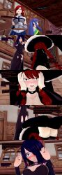  absurdres begging black_eyes blue_eyes blue_hair clothed cyanstargazer dialogue english_text erza_scarlet fairy_tail female_only femdom femsub hair_covering_one_eye irene_belserion kneeling long_hair milf mother_and_daughter multicolored_eyes multiple_girls multiple_subs prostration purple_eyes red_eyes red_hair scared text twintails wendy_marvell 