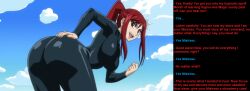  ass ass_focus bodysuit breasts caption caption_only erza_scarlet fairy_tail femdom humor hypnotic_ass large_ass large_breasts looking_at_viewer looking_back magic manip polishguy_(manipper) ponytail pov pov_sub red_hair text 