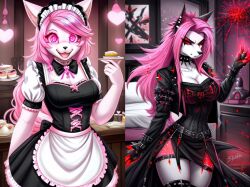  ai_art dual_persona female_only furry glowing glowing_eyes goth happy_trance maid monster_hunter pink_eyes pink_hair punk red_eyes tagme thebeast4803_(generator) zinogre 