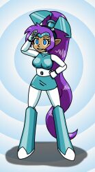  antenna blue_eyes drone empty_eyes erect_nipples_under_clothes fembot femsub happy_trance jenny_wakeman latex lipstick long_hair my_life_as_a_teenage_robot purple_hair robot robotization saluting shantae shantae_(series) simple_background smile spiral_background supertechno324 tech_control 