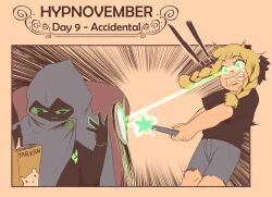 accidental_hypnosis blonde_hair book chair english_text femdom femsub glowing_eyes green_eyes hypnovember magic mirror open_mouth original pstash self_hypnosis shirt shorts surprised twintails