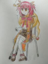absurdres akino_kaede arm_warmers bow brown_eyes chair coin dazed empty_eyes expressionless female_only femsub gloves jewelry magia_record_puella_magi_madoka_magica_gaiden open_mouth opera_gloves pendulum phantom_hand red_hair sitting sketch thighhighs tobyakafuji traditional twintails