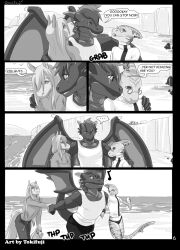 accidental_hypnosis bald comic dragon_boy drool empty_eyes expressionless furry glasses greyscale holding_hands horns horse_boy humor long_hair male_only maledom malesub monochrome open_mouth original rafiq_(zsisron) rusty_(rusteh) shark_boy short_hair smile swimsuit text tokifuji wings xanthus_anon yaoi