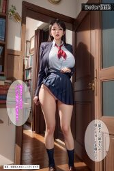  absurdres ai_art aware body_control brown_eyes brown_hair comic dialogue femsub huge_breasts indifferent japanese_text miyu original ribbon school_uniform skirt skirt_lift standing_at_attention sweat text thick_thighs thong translation_request 