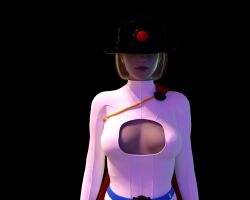 3d belt black_background blonde_hair breasts cape cleavage cleavage_cutout dc_comics dor_15 expressionless female_only femsub hat hypnovideotoo meet_the_robinsons power_girl short_hair simple_background solo super_hero tech_control