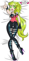 absurdres bed breasts femdom femsub green_hair happy_trance high_heels hypnotized_hypnotist jem_and_the_holograms long_hair lying open_mouth pizzazz_(jem) smile symbol_in_eyes text the_misfits_(jem) very_long_hair zorro-zero