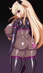  ahoge angry ass asu_to bangs black_background blonde_hair blush boots empty_eyes erect_nipples erect_nipples_under_clothes female_only femsub gloves gradient_background huge_breasts long_hair looking_at_viewer looking_back nipples opera_gloves purple_background red_eyes see-through simple_background sky_striker_ace_-_raye solo standing sword tattoo thigh_boots thighhighs very_long_hair weapon yu-gi-oh! 