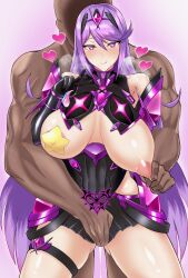 absurdres alternate_color_scheme alternate_hair_color blush breasts breasts_outside condom corruption drool faceless_male femsub gatyo_5 gloves happy_trance heart heart_eyes heterosexual large_breasts long_hair maledom mythra_(xenoblade) nintendo nipple_tweak open_clothes opera_gloves pasties purple_eyes purple_hair star_pasties symbol_in_eyes tongue tongue_out v xenoblade_chronicles xenoblade_chronicles_2