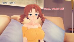 aware blue_eyes breasts brown_hair caroline clothed couch dialogue earrings english_text female_only milf mustardsauce pillow pokemon pokemon_(anime) solo text