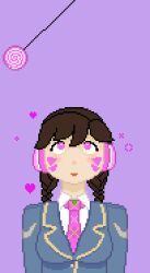  animated animated_gif breasts brown_hair d.va fabius female_only femsub glasses happy_trance headphones heart long_hair open_mouth overwatch pendulum pink_eyes pixel_art school_uniform simple_background smile spiral tie 