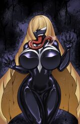 blonde_hair breast_press breasts femsub huge_breasts large_breasts latex legs long_hair long_tongue lusamine marvel_comics milf nintendo open_mouth pokemon pokemon_sun_and_moon rikatsuky solo symbiote thick_thighs thighs tongue tongue_out venom_(marvel) white_eyes whitewash_eyes wide_hips