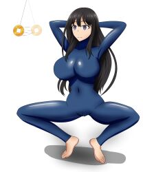  arms_above_head barefoot black_hair breast_expansion breasts cameltoe coin empty_eyes female_only femsub hand_on_head huge_breasts inoue_takina latex long_hair lycoris_recoil navel pendulum smile soex solo spread_legs squatting tiptoes white_background 