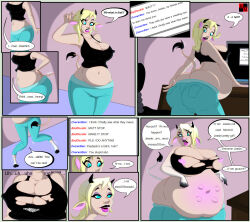  animal_ears bbw blue_eyes brain_drain breast_expansion breasts chubby comic computer cow_girl erect_nipples fat femsub harlequin141 horns huge_breasts large_hips maledom midriff original tail tail_growth tank_top text torn_clothes transformation udders weight_gain 