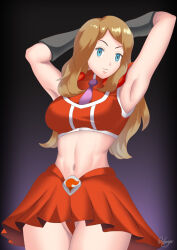 abs arms_above_head breasts brown_hair clothed corruption empty_eyes enemy_conversion femsub gradient_background hadant happy_trance large_breasts long_hair midriff nintendo pokemon pokemon_x_and_y serena signature simple_background skirt team_flare