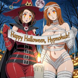  ai_art belt bleach brown_hair candle digimon empty_eyes expressionless facial_markings flame halloween hellsing002_(generator) jack_o'_lantern kari_kamiya large_breasts lipstick long_hair mummy night orange_eyes orange_hair orihime_inoue pumpkin witch witch_hat witchmon 